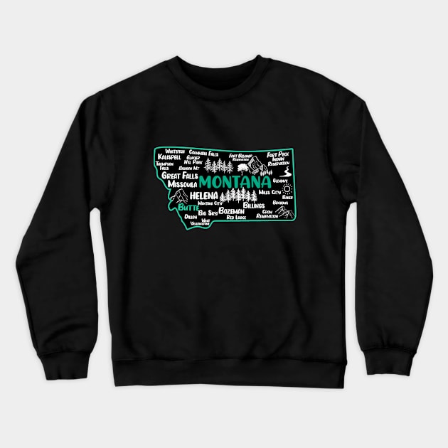 Cute map of Butte Montana, Helena, Missoula, Great Falls, Bozemian, Billings, Kalispell, Big Sky Crewneck Sweatshirt by BoogieCreates